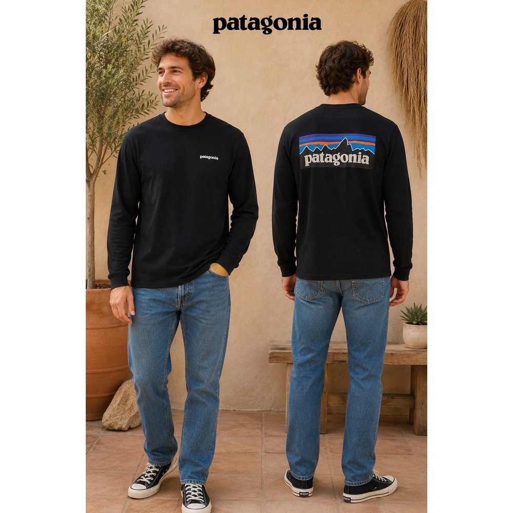 Patagonia Mens Logo Tee Long Sleeve Shirt Black Size Medium
